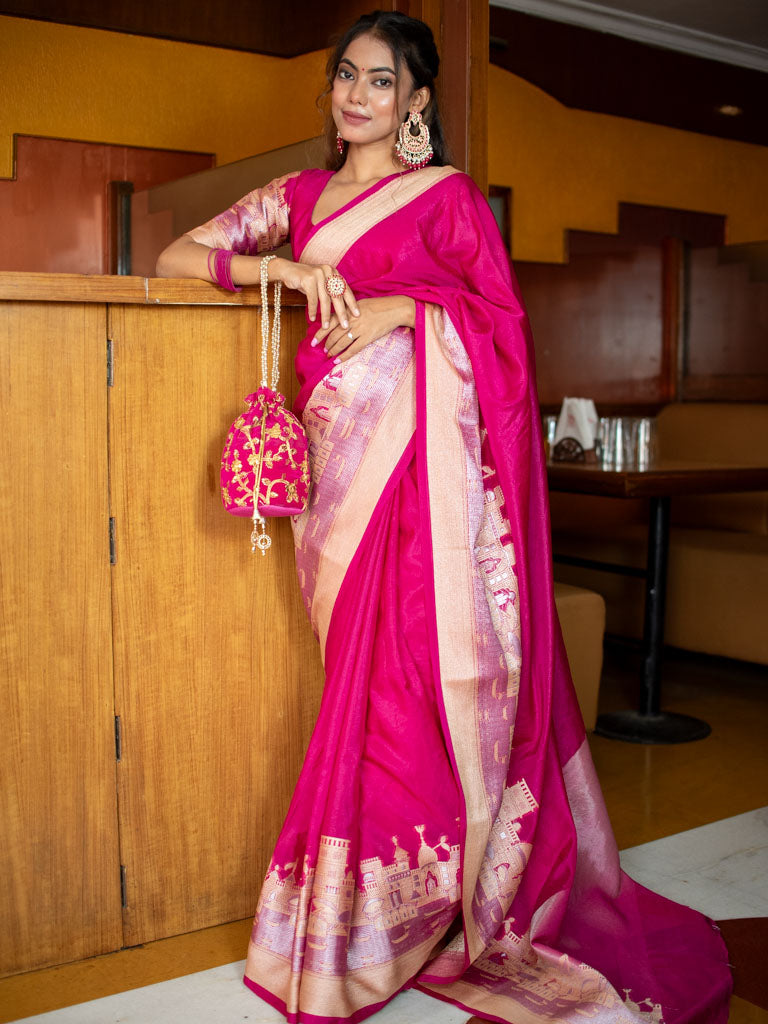 Banarasi Plain Semi Silk Saree With Ganga Ghat Weaving-Pink