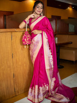 Banarasi Plain Semi Silk Saree With Ganga Ghat Weaving-Pink