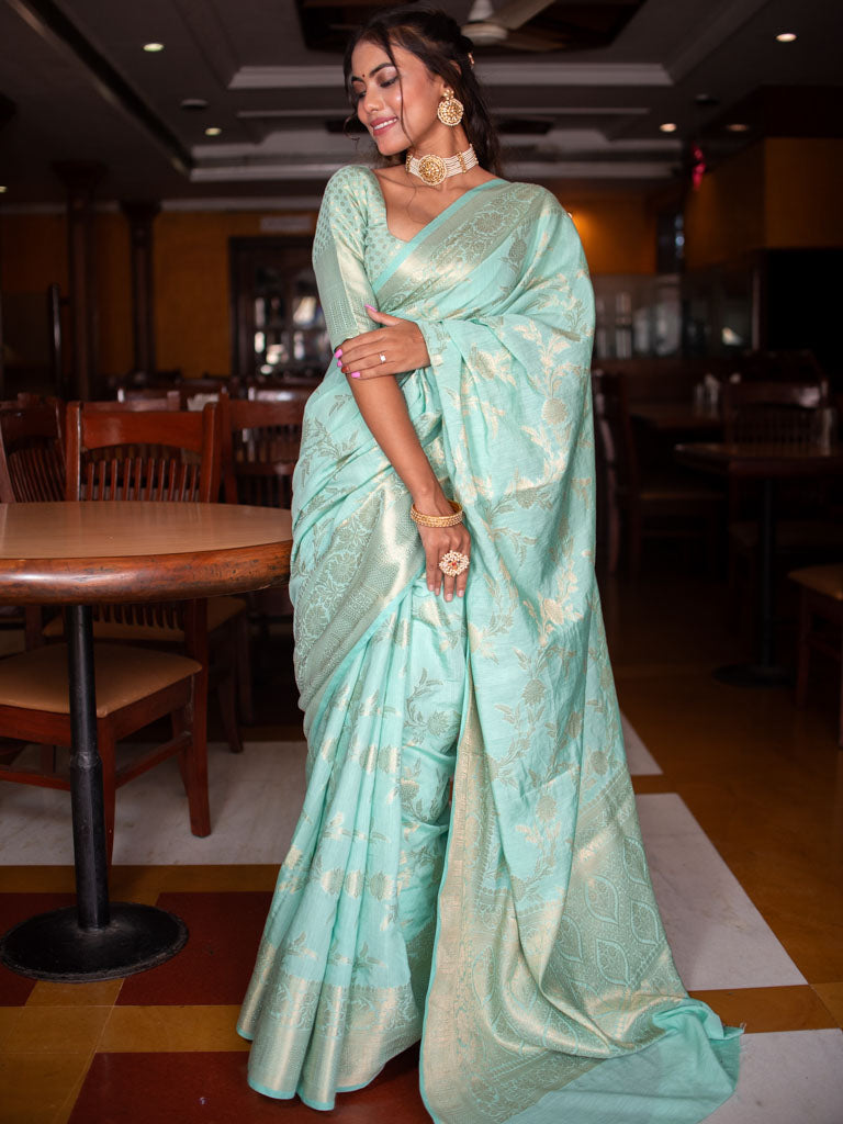 Banarasi Semi Silk Saree With Jaal Zari Weaving-Pastel Blue