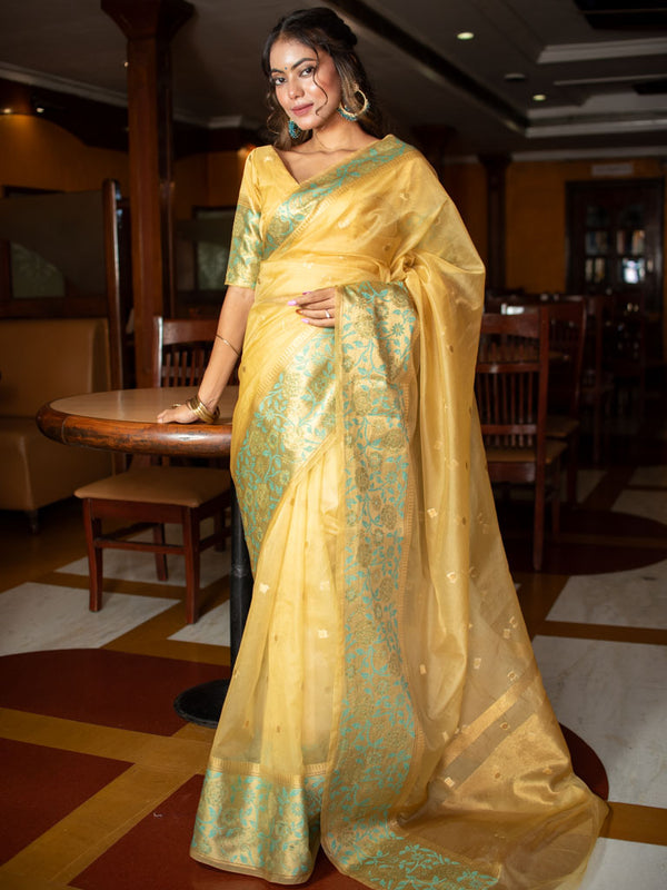 Banarasi  Organza Saree With Floral Weaving Border-Gold