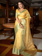 Banarasi  Organza Saree With Floral Weaving Border-Gold