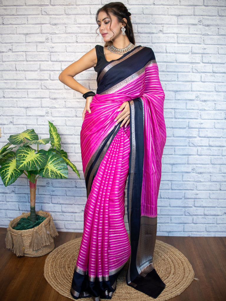 Banarasi Cotton Silk Saree with Satin Contrast Border-Pink