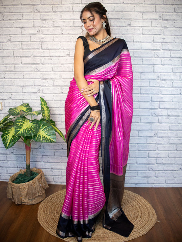 Banarasi Cotton Silk Saree with Satin Contrast Border-Pink