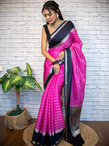 Banarasi Cotton Silk Saree with Satin Contrast Border-Pink