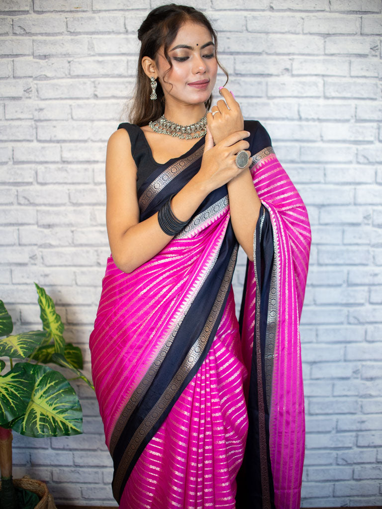 Banarasi Cotton Silk Saree with Satin Contrast Border-Pink