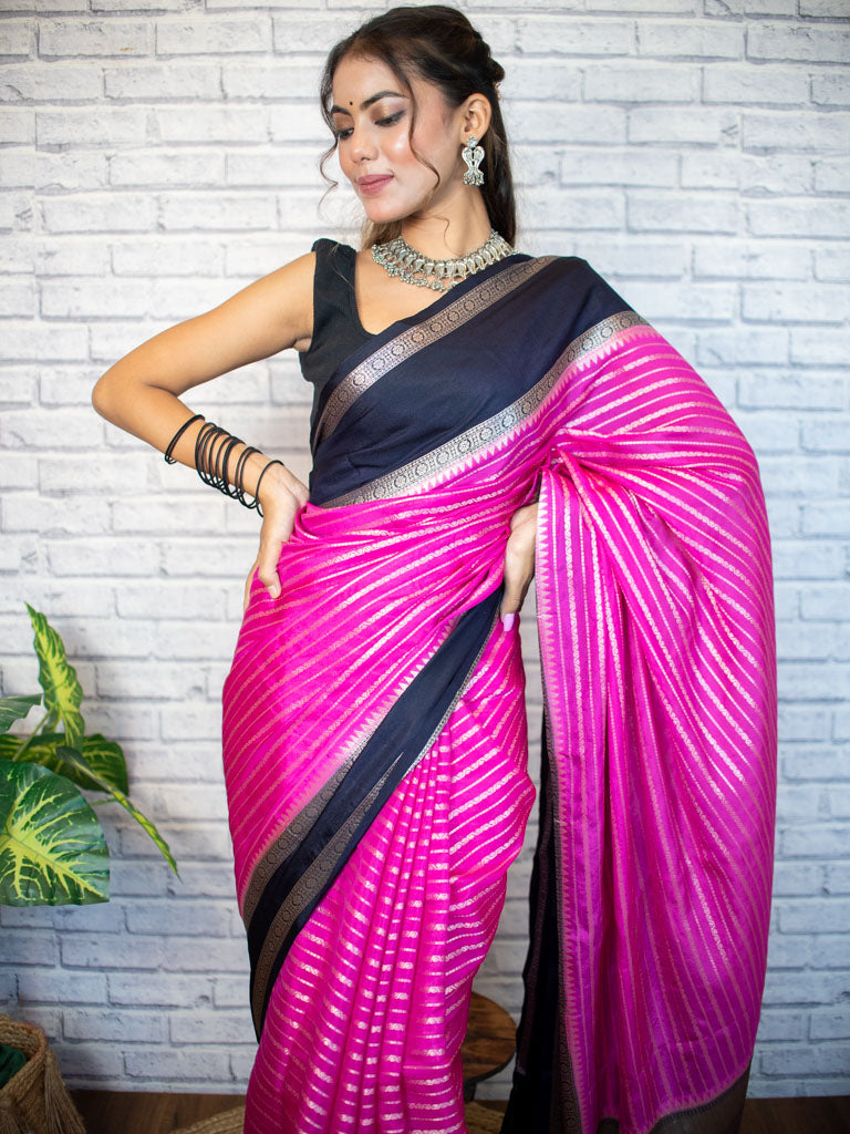 Banarasi Cotton Silk Saree with Satin Contrast Border-Pink