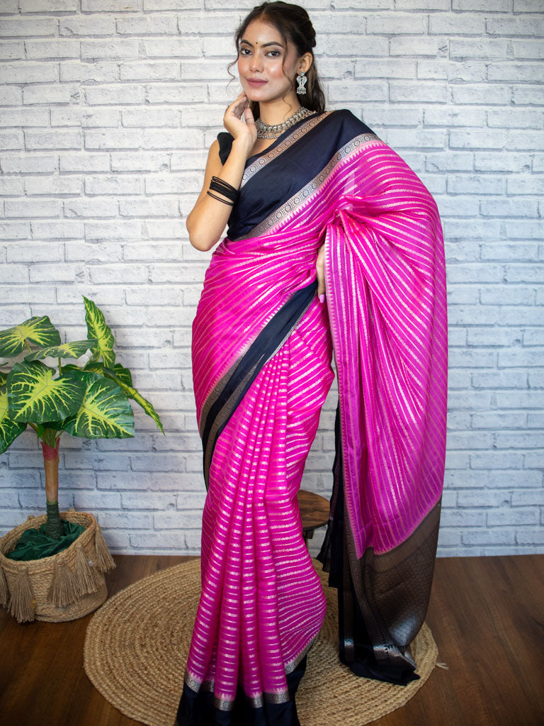 Banarasi Cotton Silk Saree with Satin Contrast Border-Pink