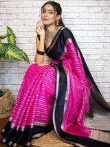 Banarasi Cotton Silk Saree with Satin Contrast Border-Pink