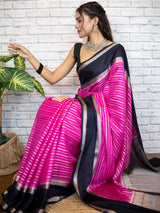 Banarasi Cotton Silk Saree with Satin Contrast Border-Pink