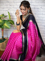 Banarasi Cotton Silk Saree with Satin Contrast Border-Pink