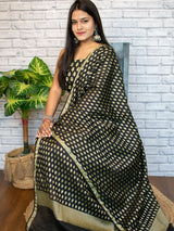 Banarasi Salwar Kameez Soft Handloom Cotton With Antique Zari Buti Fabric-Black
