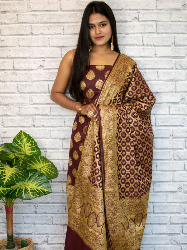 Banarasi Salwar Kameez Cotton Silk Zari Buti Woven Fabric-Wine