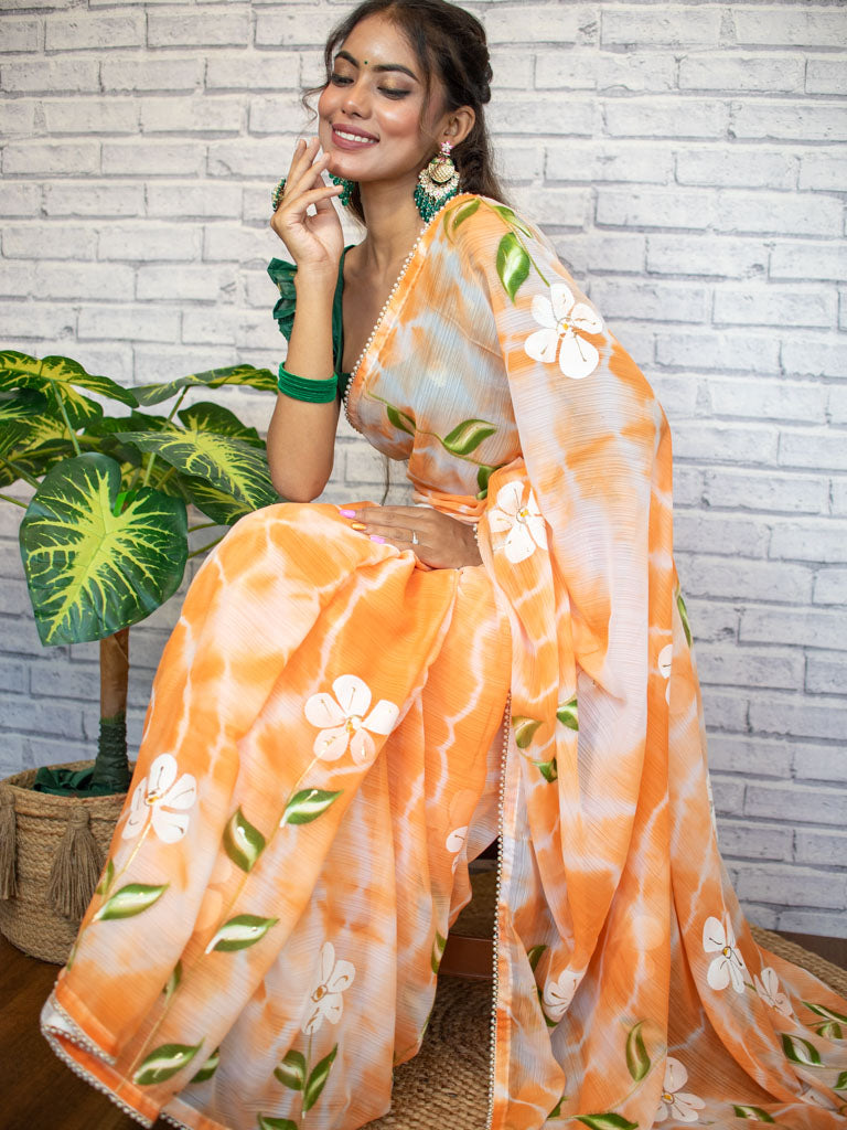 Floral Printed Shibori Chiffon Saree With Pearl Embroidered Border-Orange