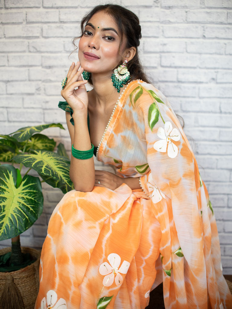 Floral Printed Shibori Chiffon Saree With Pearl Embroidered Border-Orange
