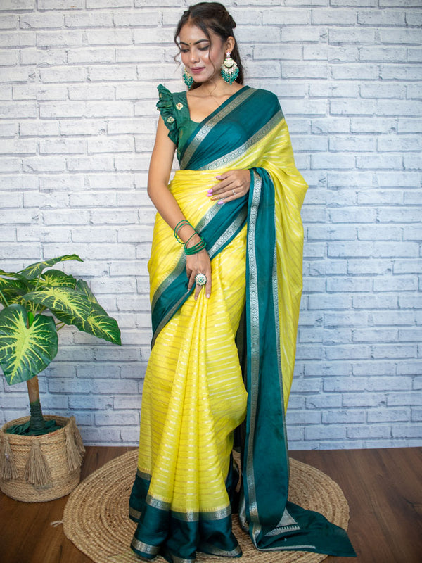 Banarasi Cotton Silk Saree with Satin Contrast Border-Yellow