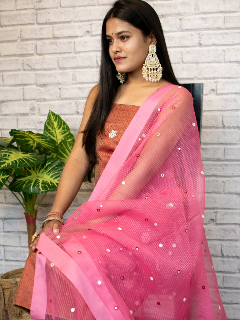 Banarasi Embroidered Semi Silk Salwar Kameez Fabric With Organza  Dupatta-Red