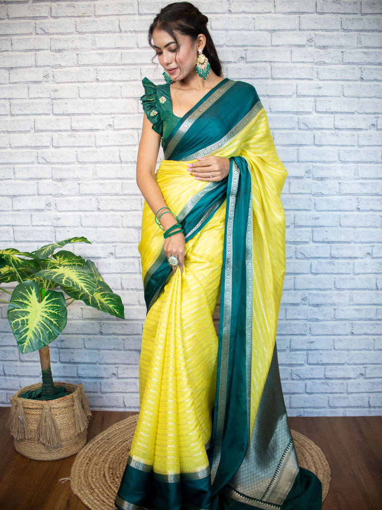 Banarasi Cotton Silk Saree with Satin Contrast Border-Yellow