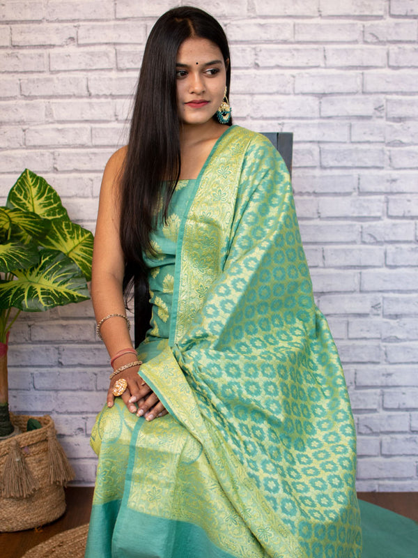Banarasi Salwar Kameez Cotton Silk Zari Buti Woven Fabric-Sea Green