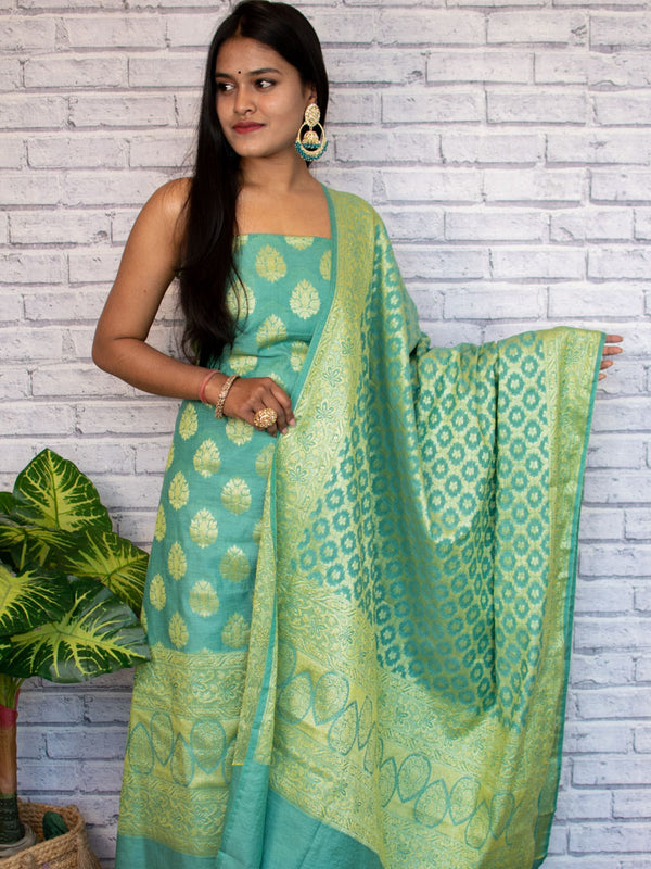 Banarasi Salwar Kameez Cotton Silk Zari Buti Woven Fabric-Sea Green