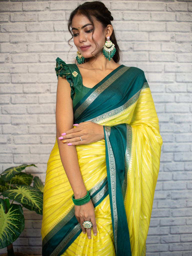 Shop Designer Sarees, Yellow With Green Silk Asian Sarees, V Neck