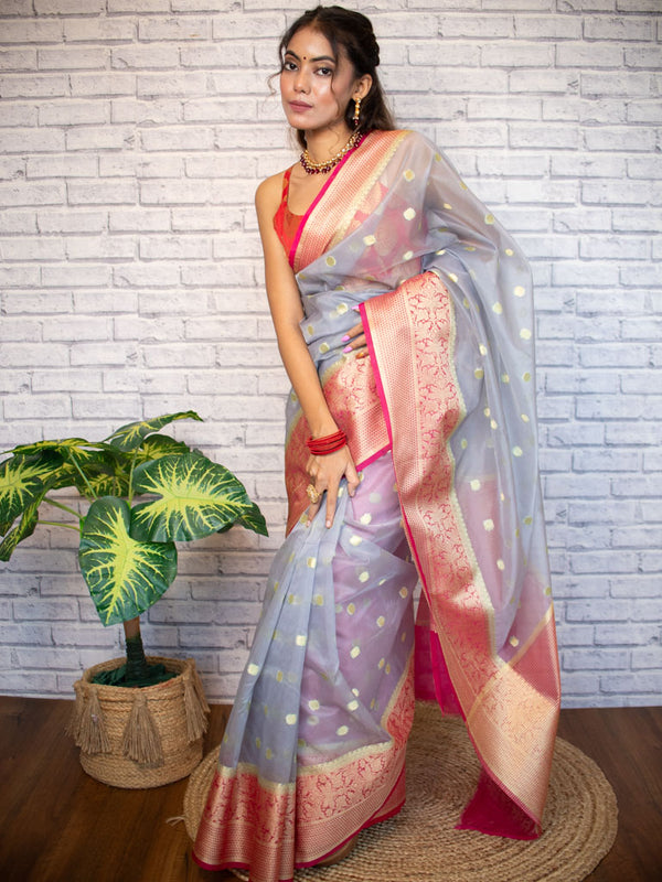 Buy Grey And Pink Banarasi Saree online-Karagiri
