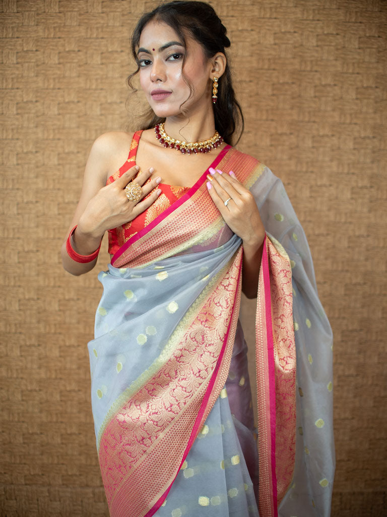 Banarasi Cotton Silk Saree With Zari Polka Dots Weaving & Contrast Border-Grey & red