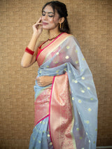 Banarasi Cotton Silk Saree With Zari Polka Dots Weaving & Contrast Border-Grey & red