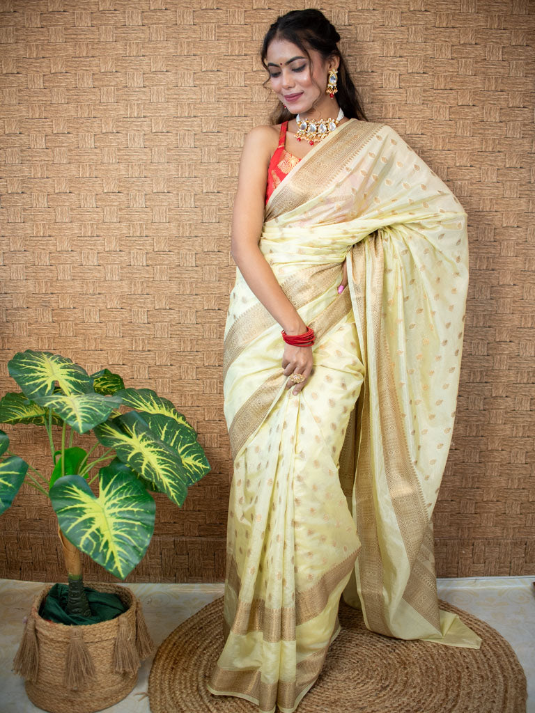 Banarasi Semi Silk Saree with Small Buti Zari Weaving-Yellow