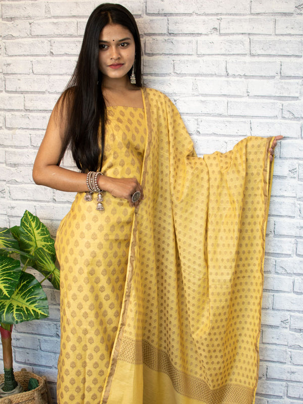 Banarasi Salwar Kameez Cotton Silk Antique Zari Woven Fabric-Yellow