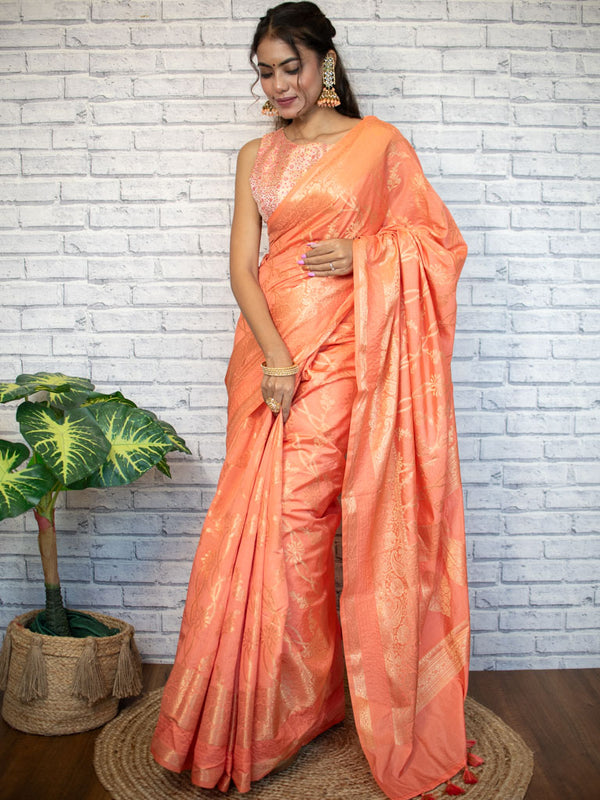 Banarasi Semi Silk Saree With Zari Weaving-Peach