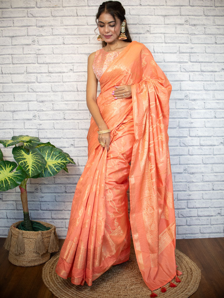 Banarasi Semi Silk Saree With Zari Weaving-Peach