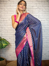 Banarasi  Semi Dupion Saree With Antique Zari Weaving & Contrast Border-Blue
