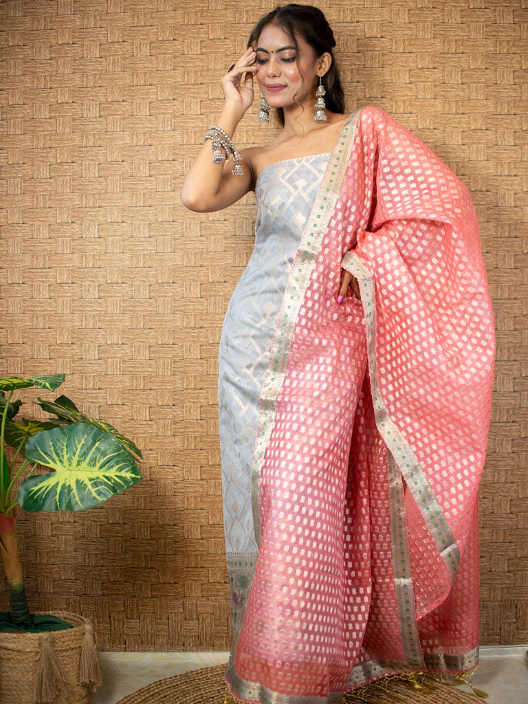 Banarasi Semi Silk Zari Weaving Salwar Kameez Material With Contrast Dupatta-Grey