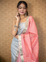 Banarasi Semi Silk Zari Weaving Salwar Kameez Material With Contrast Dupatta-Grey