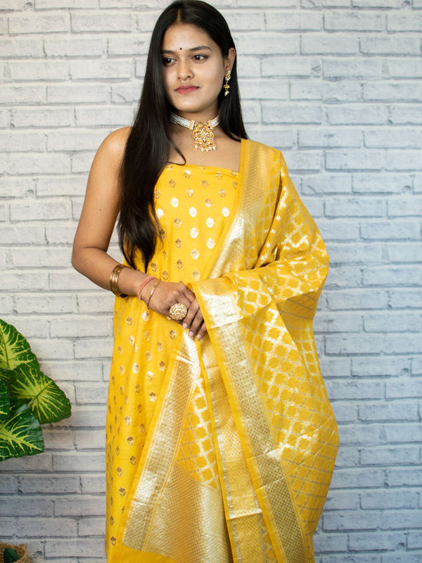 Banarasi Chanderi Cotton Salwar Kameez Material With Silver Zari Weaving-Yellow