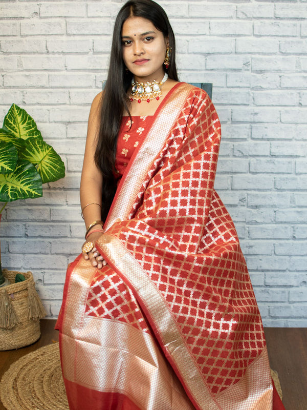Banarasi Chanderi Cotton Salwar Kameez Material With Silver Zari Weaving-Red