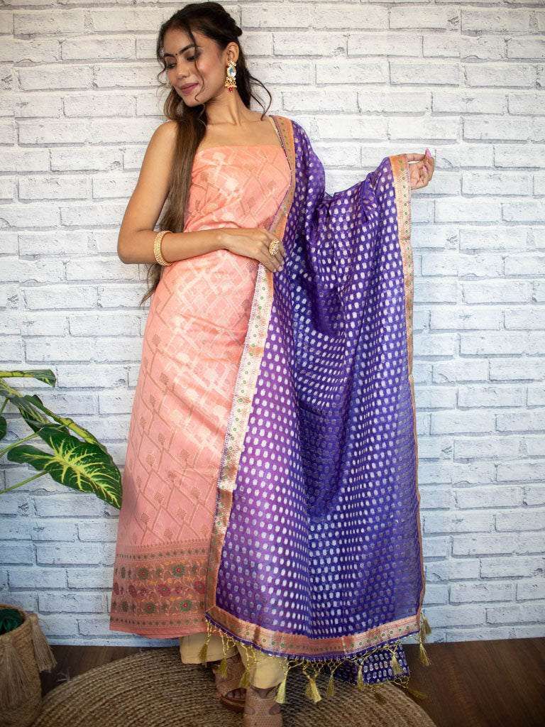 Banarasi Semi Silk Zari Weaving Salwar Kameez Material With Contrast Dupatta-Peach