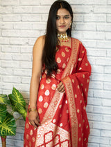 Banarasi Pure Cotton Silk Salwar Kameez Material With Silver Zari Weaving-Red