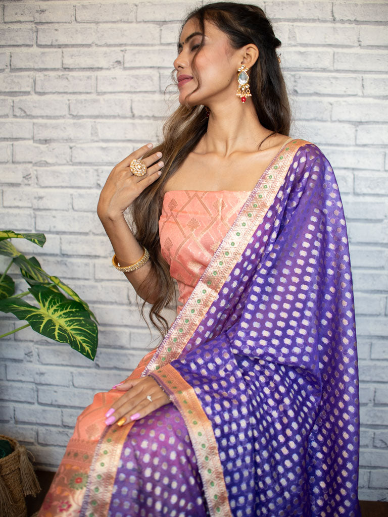 Banarasi Semi Silk Zari Weaving Salwar Kameez Material With Contrast Dupatta-Peach