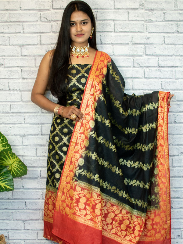 Banarasi Cotton Silk Zari Salwar Kameez Dupatta Set-Red & Black