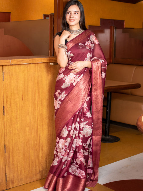 Floral Printed Linen Cotton Saree With Zari Border-Maroon