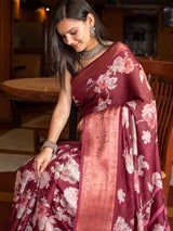 Floral Printed Linen Cotton Saree With Zari Border-Maroon