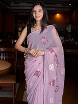 Floral Embroidered Chiffon Saree-Pink