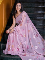 Floral Embroidered Chiffon Saree-Pink