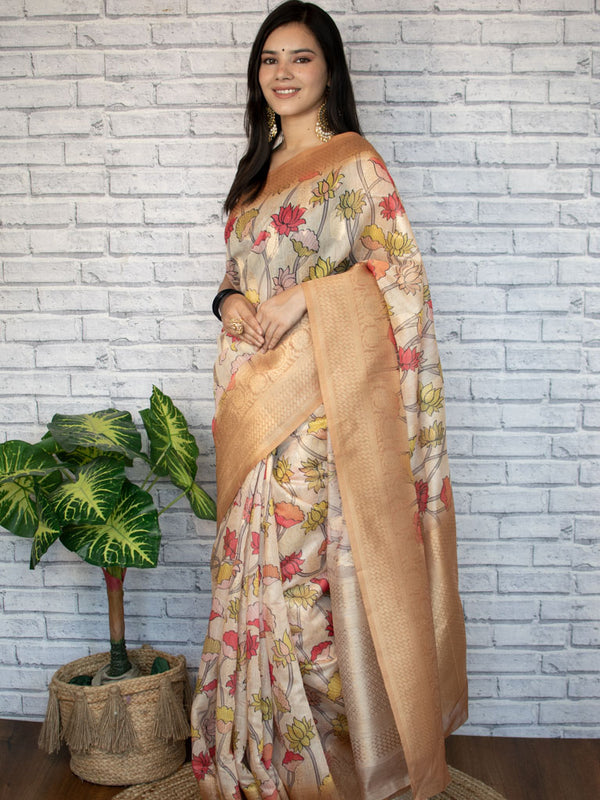 Multicolured Floral Printed Linen Cotton Saree With Zari Border-Beige