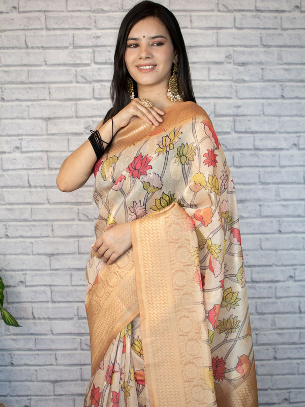 Multicolured Floral Printed Linen Cotton Saree With Zari Border-Beige