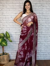 Chiffon Floral Printed Saree With Embroidered Border-Wine