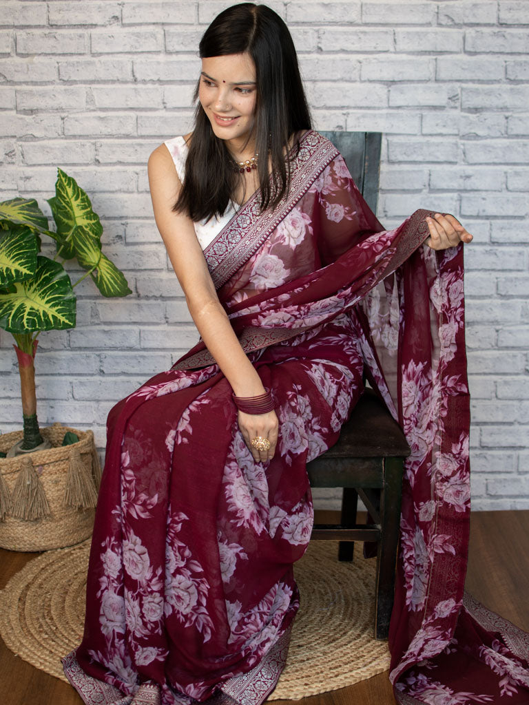 Chiffon Floral Printed Saree With Embroidered Border-Wine