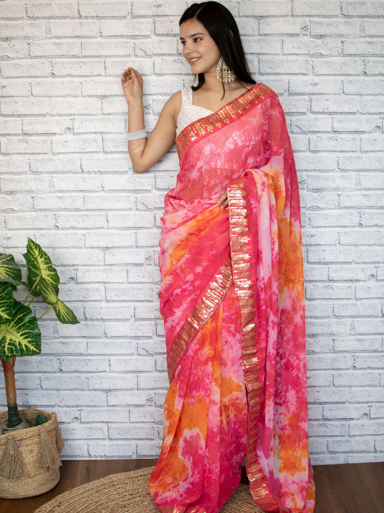 Multicolored Chiffon Printed Saree With Embroidered Border