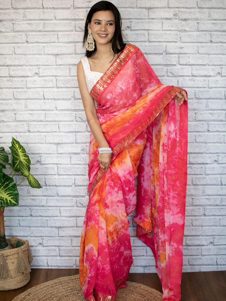 Multicolored Chiffon Printed Saree With Embroidered Border